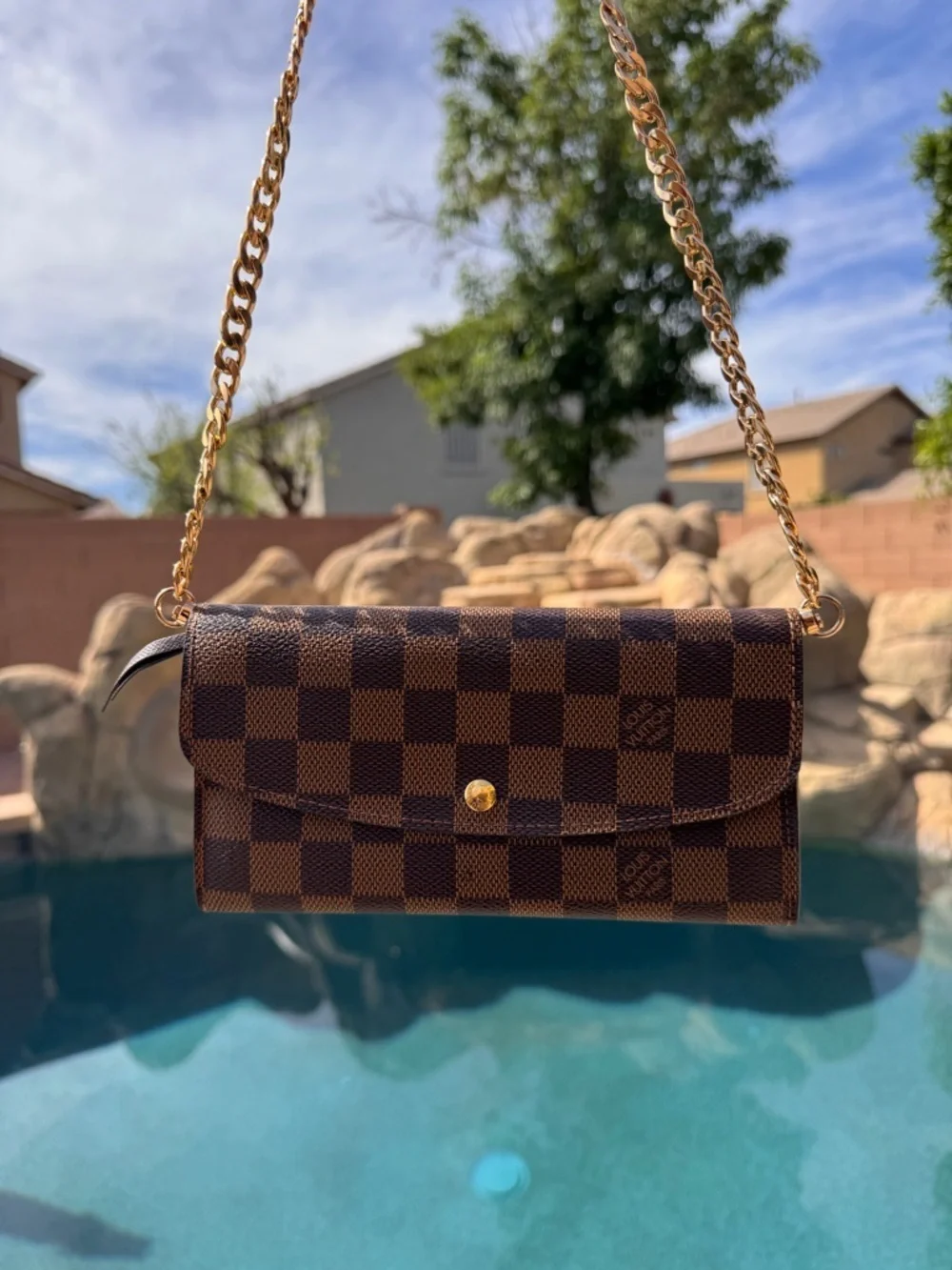 Authentic Louis Vuitton Brown Checkered Crossbody with Gold Chain